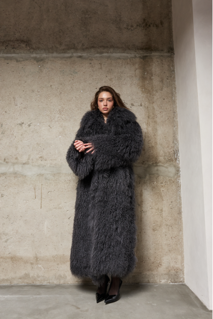 Graphite llama fur coat